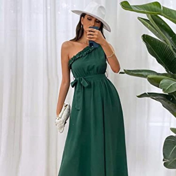 MakeMeChic Women's One Shoulder Sleeveless Frill Trim Flowy Summer Long Dress - Picture 1 of 5